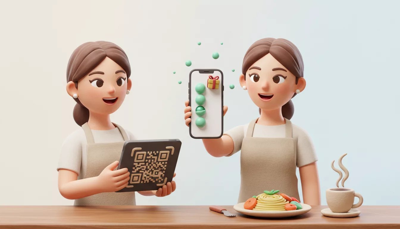 Cliente mostrando o cartão de carimbos no celular para o dono do restaurante, que segura um tablet com QR
