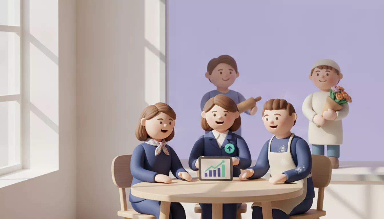 Representante de associação comercial mostrando resultados a comerciantes