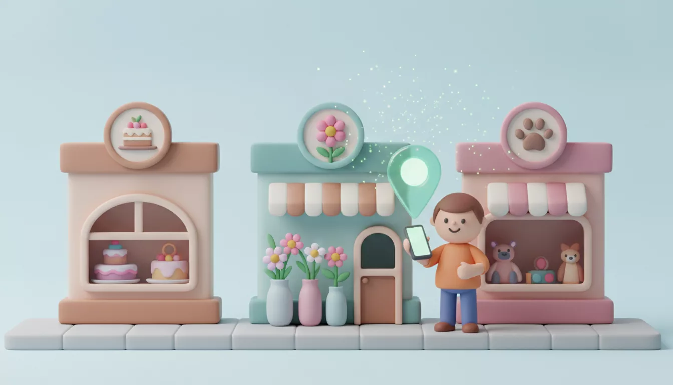 Rua de bairro com doceria, floricultura e pet shop