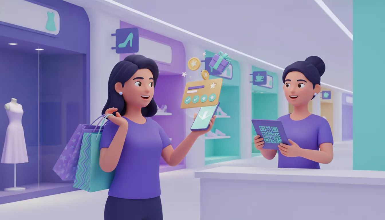 Cliente com sacolas mostrando o celular com o crédito para a próxima compra a uma vendedora com tablet