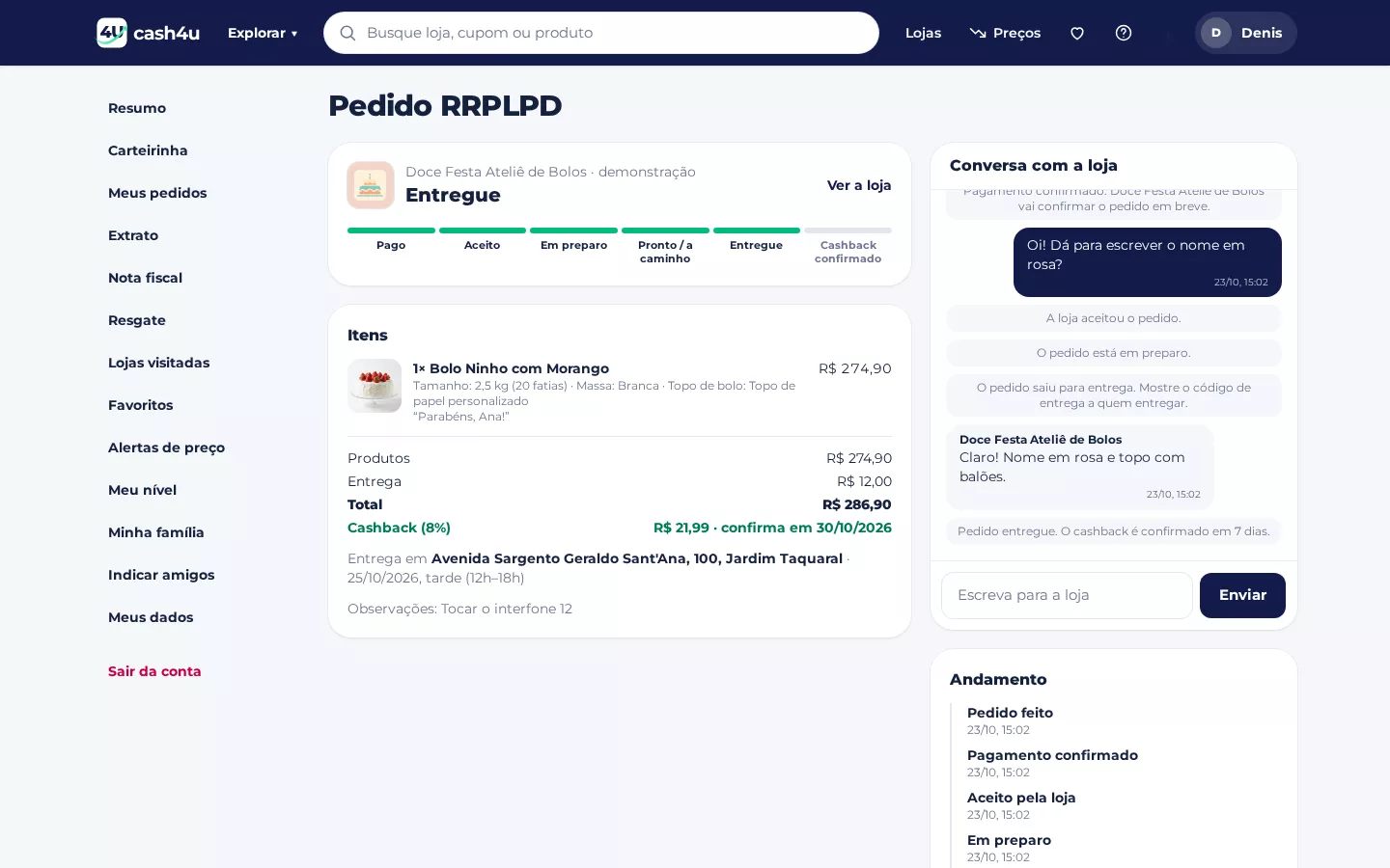 Pedido entregue com o chat da loja