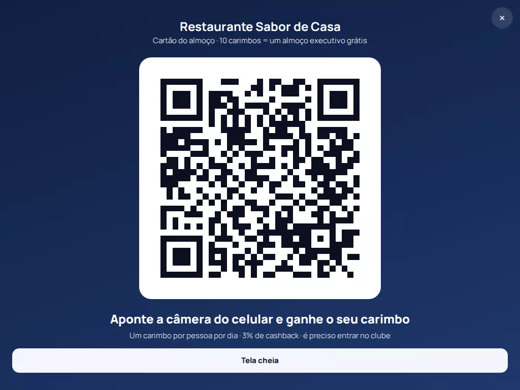 QR fixo do cartão de carimbos em tela cheia no tablet