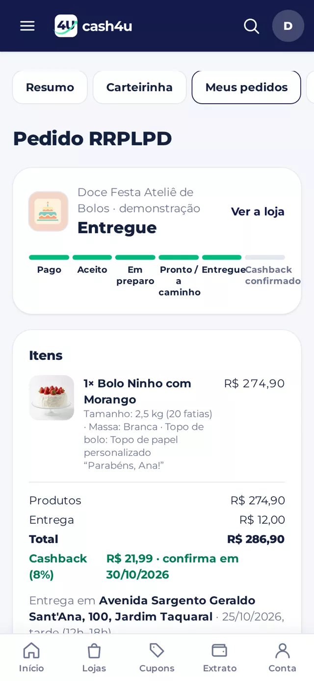 Pedido com o código de entrega no celular
