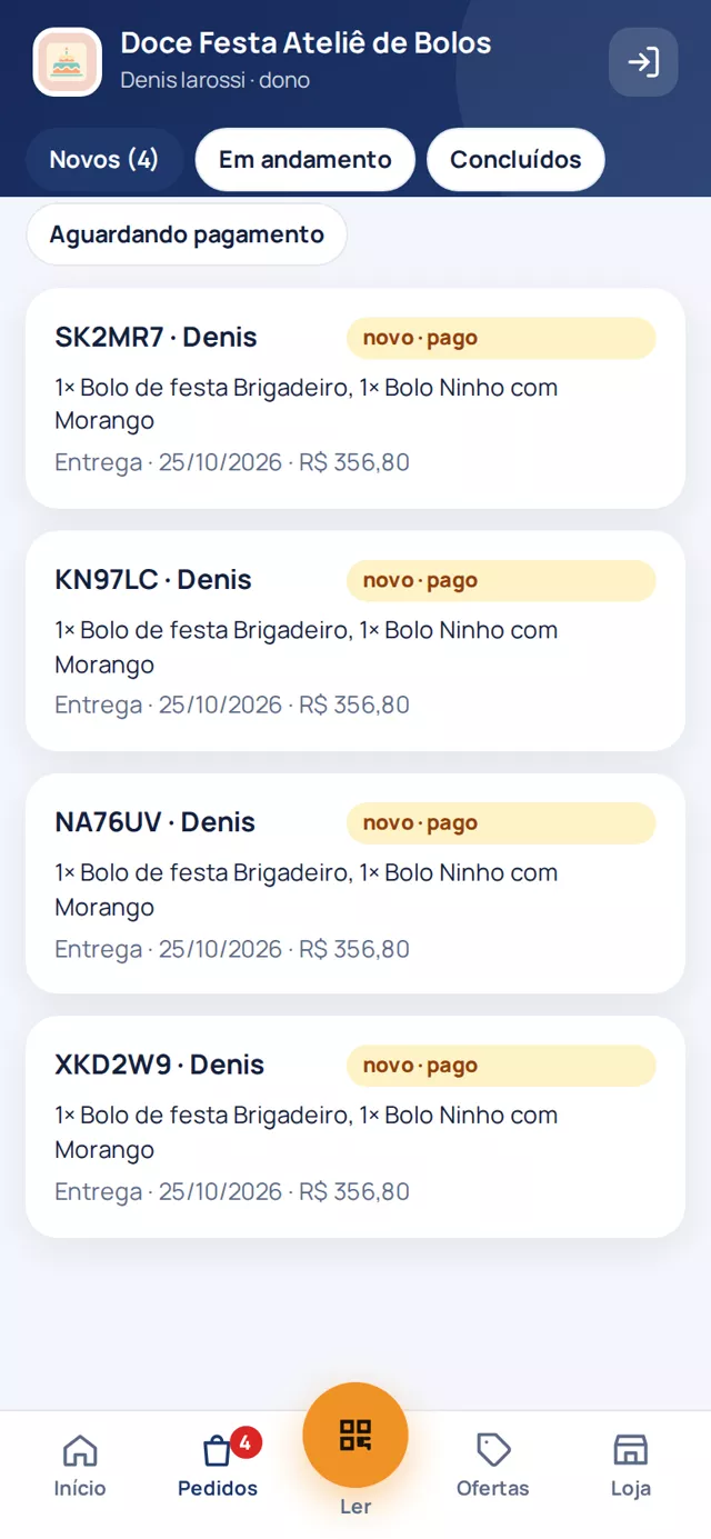Pedidos no app do lojista