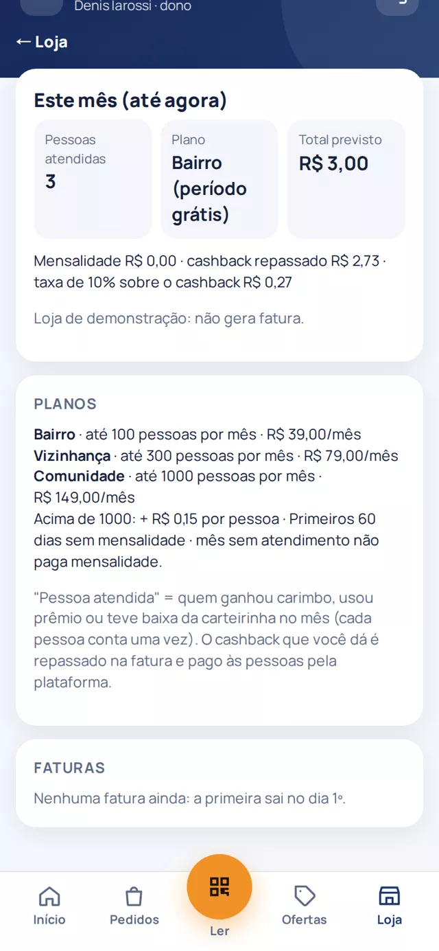 Plano e fatura no app do lojista