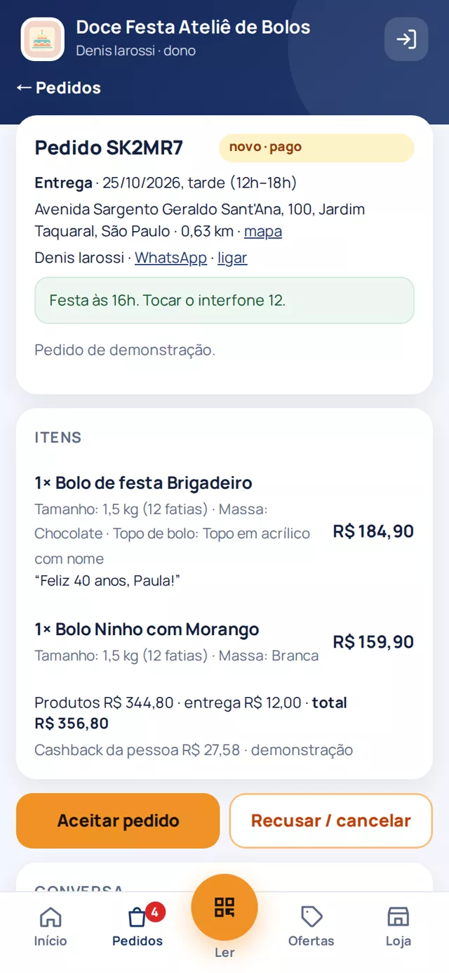 Pedido aberto no app do lojista