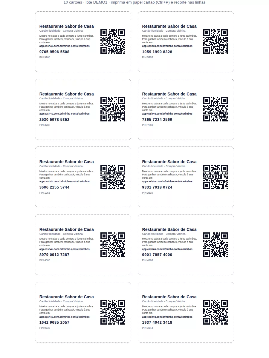 Folha com dez cartões fidelidade com QR